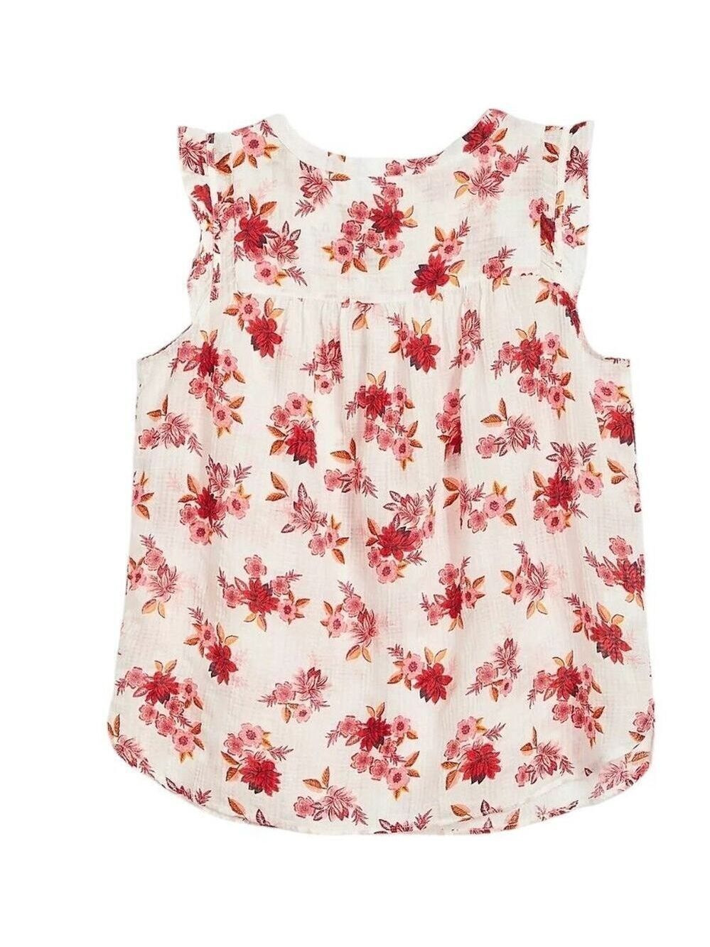 Loft Zinnia Ruffle Sleeve Split Neck Shell Red/Cream Size Large